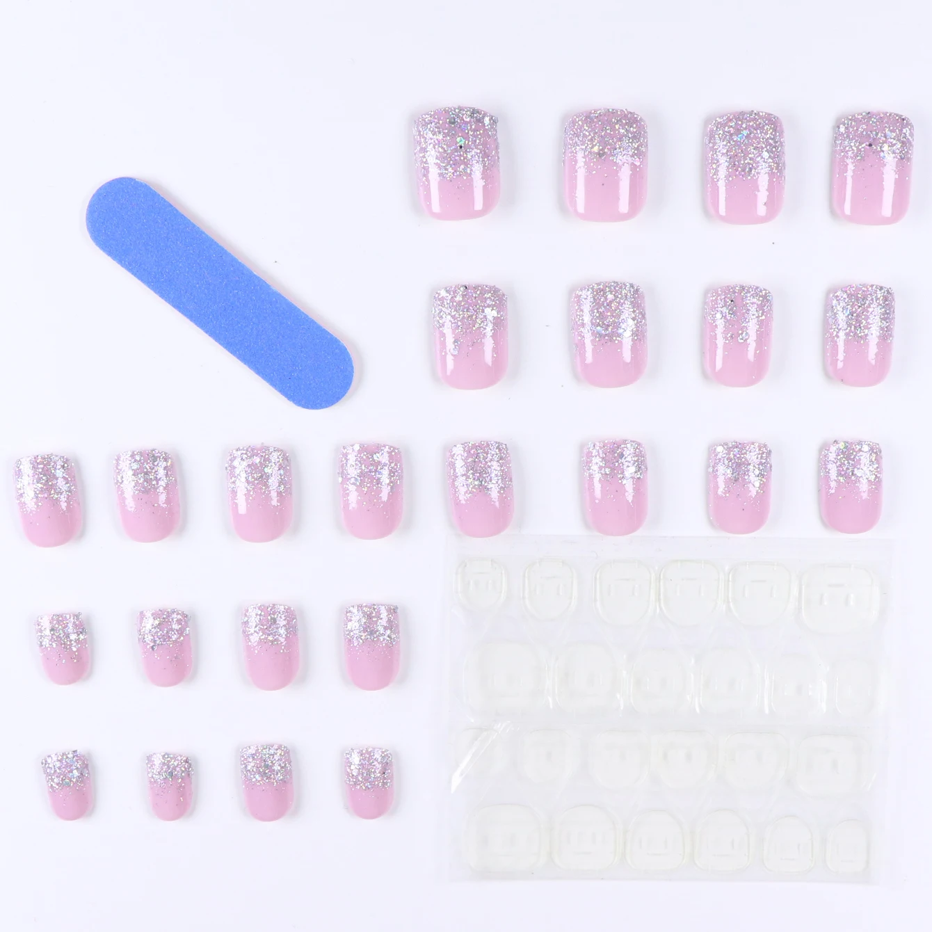 24 pièces- faux ongles carrés argentés, incrustation de paillettes argentées, délicats et magnifiques, simples et généreux, adaptés aux rencontres et à la salle