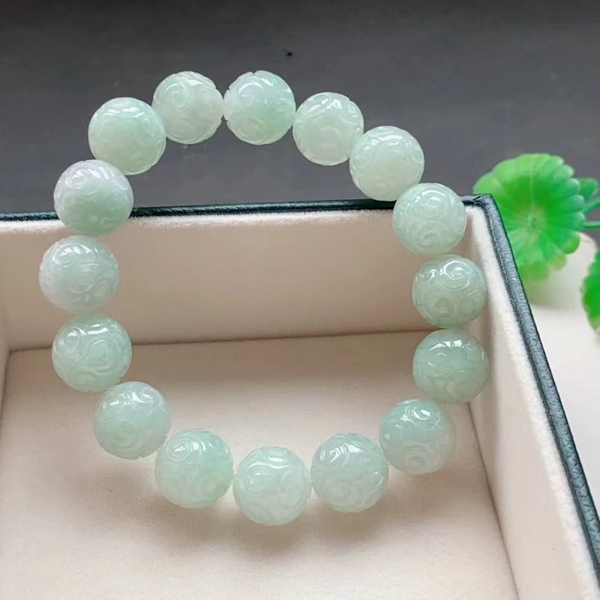 

Natural Green Jade A Round Beads Carved Bracelet Pendant 12mm Women Natural Gemstone Rare Jade A Crystal AAAAAA