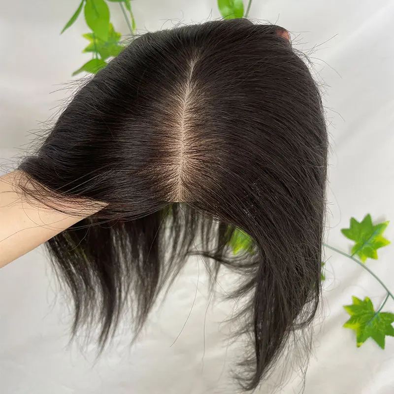 Klip di sutra dasar penutup rambut untuk wanita bagian tengah ujung lurus rambut manusia klip tipis di atas hiasan rambut warna alami 13x15cm