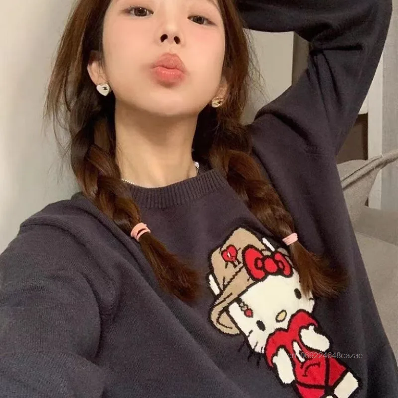 Sanrio Hello Kitty Korean Version Playful Sweater Women Autumn New Round Neck Knitted Pullovers Y2k Sweet Girl Casual Simple Top