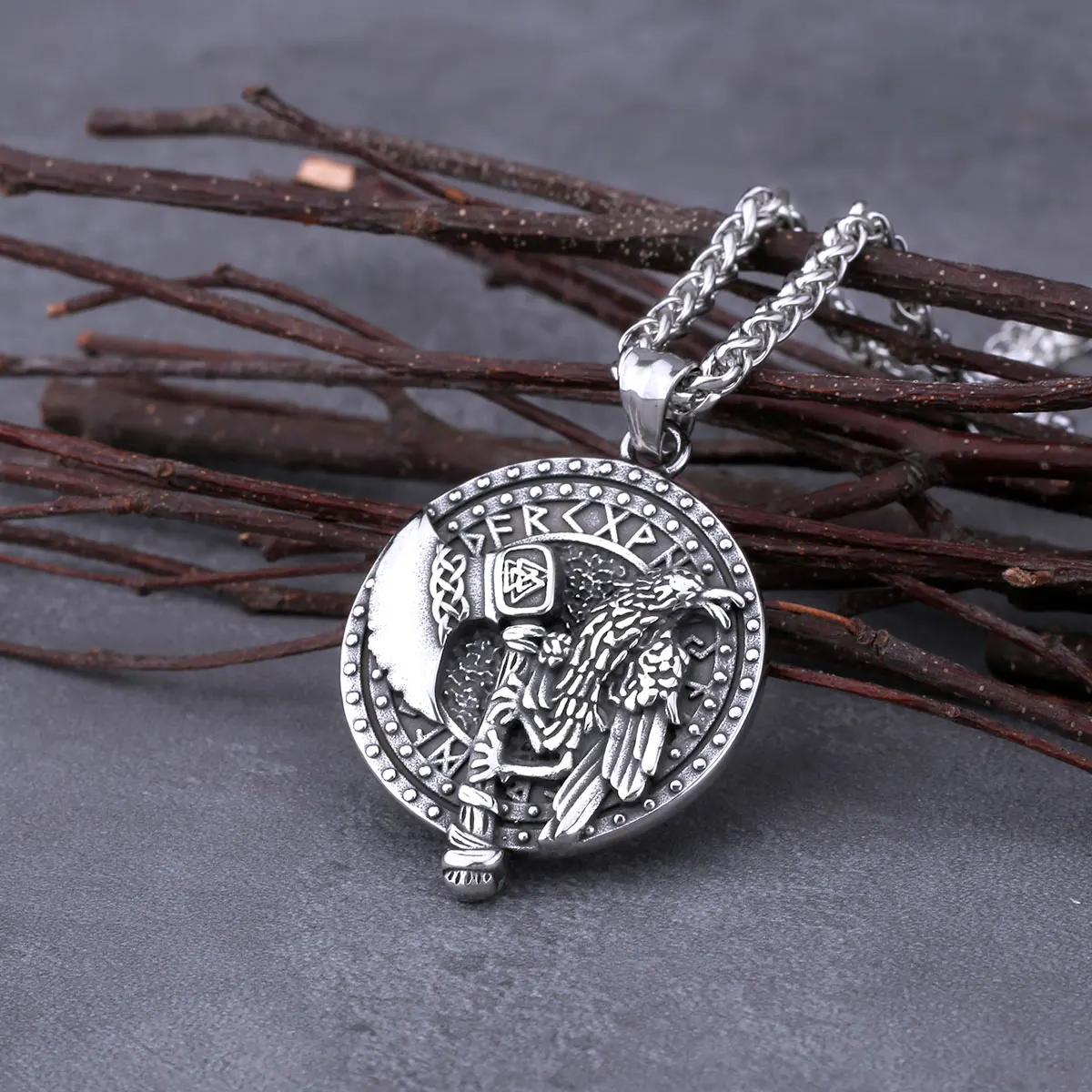 Vintage Nordic Vikings Odin Raven Axe Rune Necklace Men Stainless Steel Fashion Hip Hop Pendant Necklace Punk Biker Male Jewelry