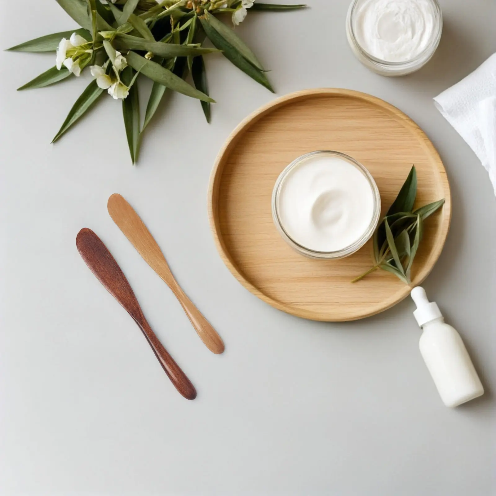 Juego de 2 Espátulas de Madera para el Cuidado de la Piel, Cucharas Reutilizables Naturales para Cremas, Mascarillas Faciales, Lociones, Sueros, Arcilla, Herramienta de Belleza Facial