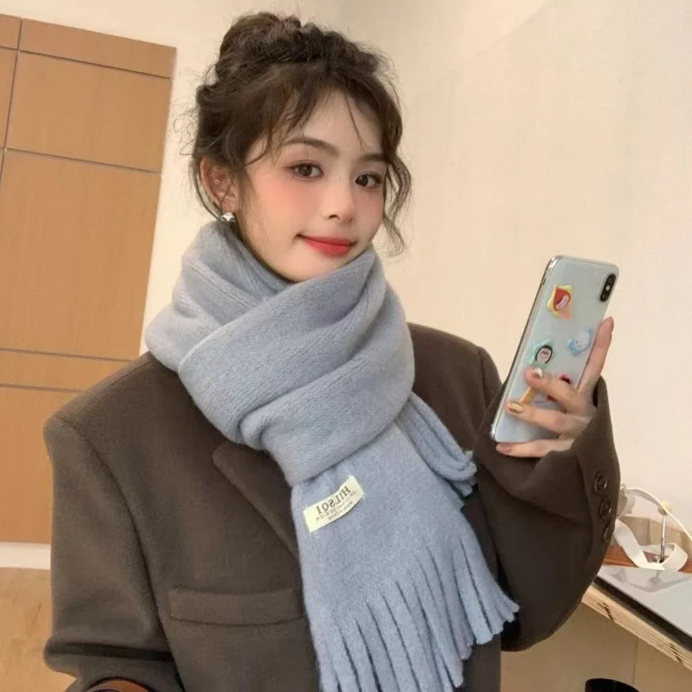 

Новый теплый зимний кашемировый шарф, однотонный вязаный длинный шарф с кисточками, мягкая утолщенная шаль для женщин