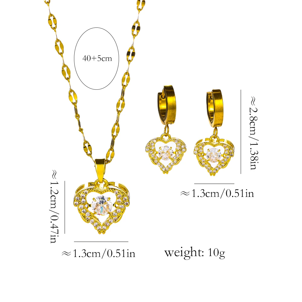Sweet Sexy Beating Heart Ocean Heart Necklace Earrings For Women Top Luxury 18K Gold Plated Female Stainless Steel Jewelry Set