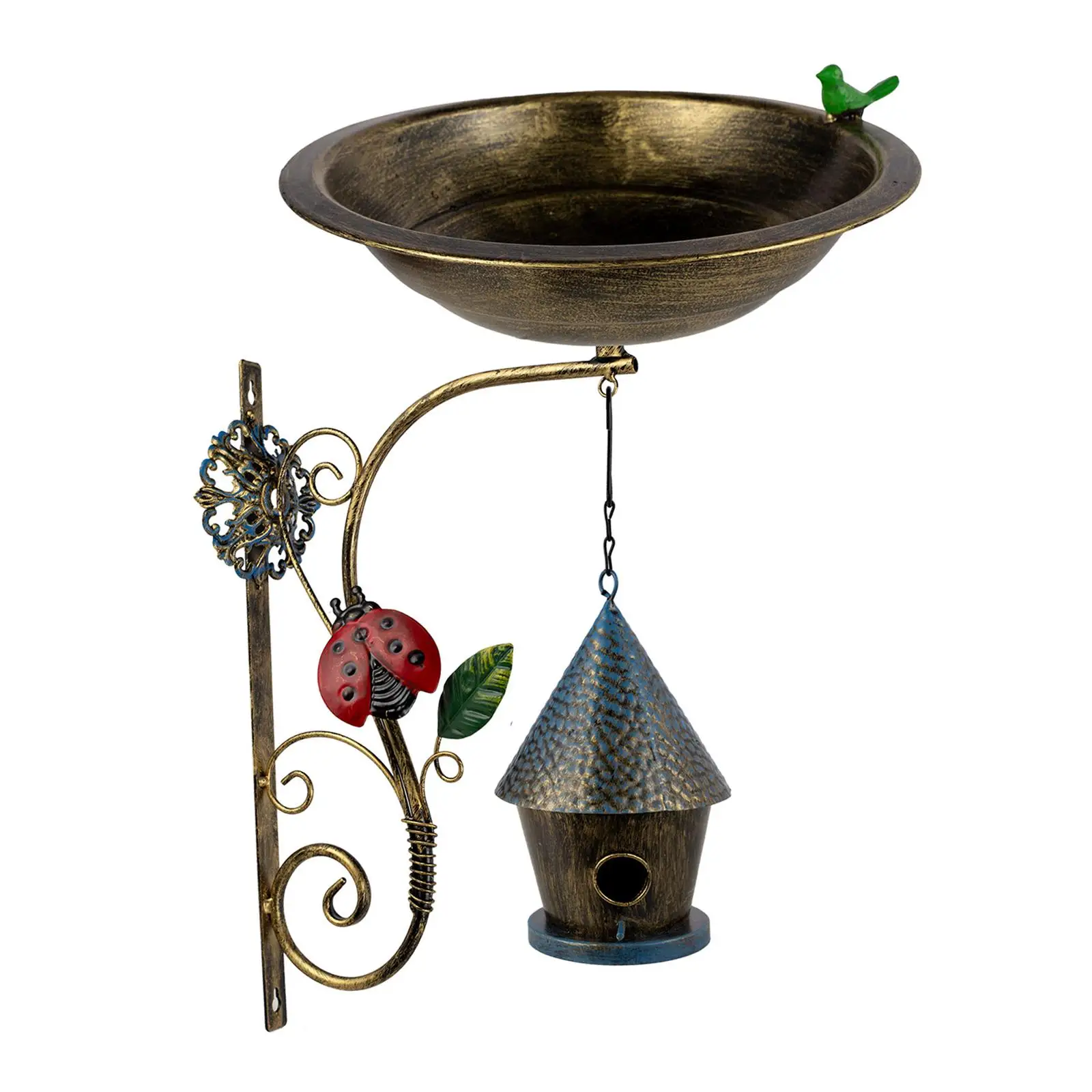 Bird Bath Bowl Wall Mount Garden Supplies with Hanging Bird House Vintage Design Bird Feeder for Outside Yard Art Trees Lawn