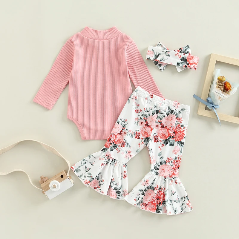 0-18M Baby Girl Casual Autumn Suit Solid Color Rib Long Sleeve Turtleneck Jumpsuit + Mosaic Print Flared Pants + Headband