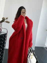 Teddy Bear Coat Geranium Red Teddy Alpaca Fur Profile Long Coat Woman Radiant Fashion Embark on a journey of sartorial splendor