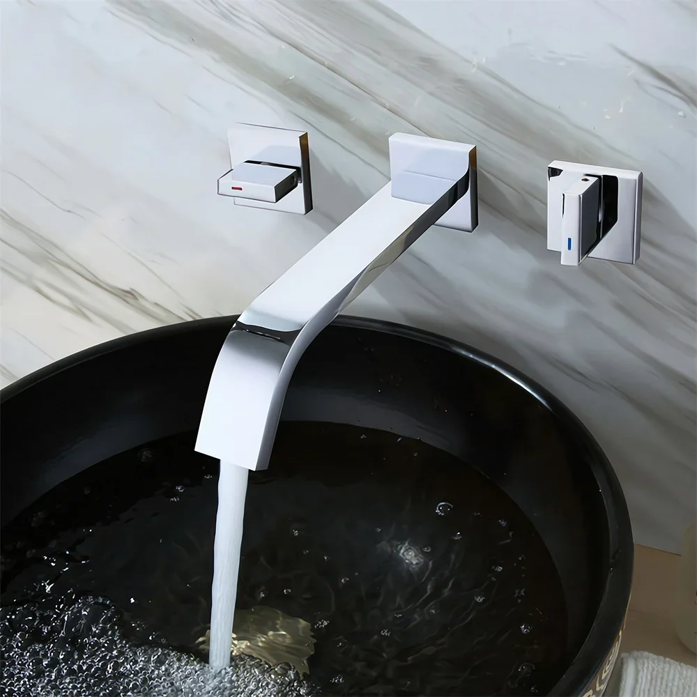 Wall Mounted Bathroom Sink Faucet Double Handle Cold And Hot Water Mixer Tap Chrome Brass Basin Faucet