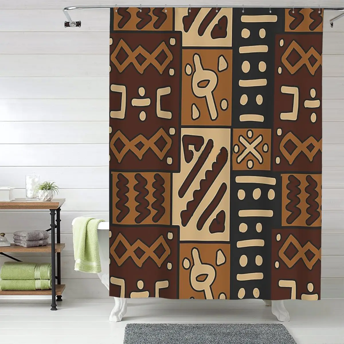 

African Bogolan Mud Cloth Shower Curtain Bathroom Polyester Waterproof Bath Curtains with Hooks