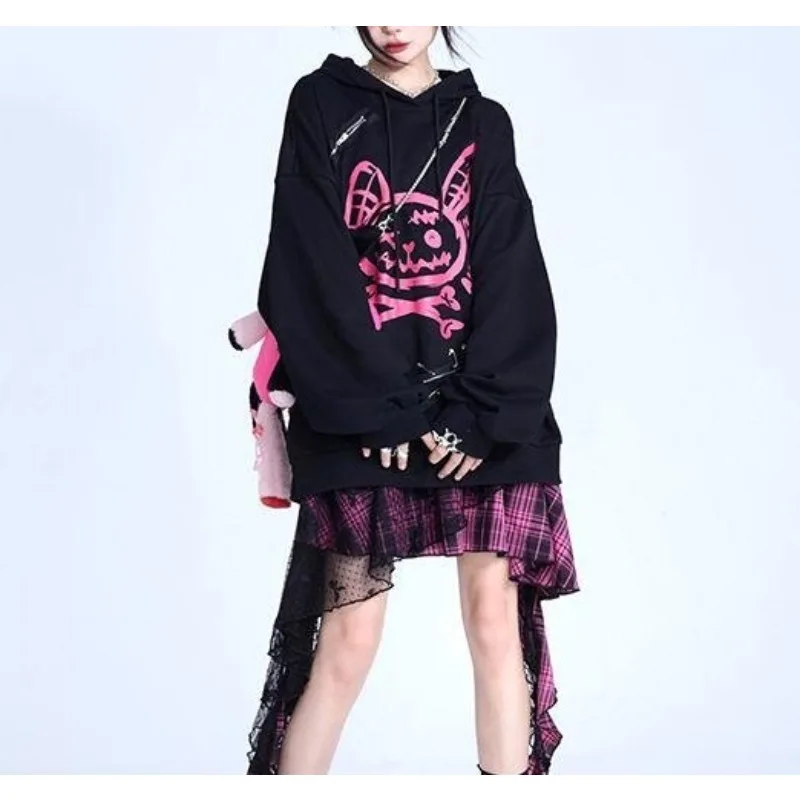 Subculture Printed Hoodie Loose Y2k Autumn Spring Black Y2k Punk Rock Casual Loose Hoodies with Hooded Women Sweatshirts