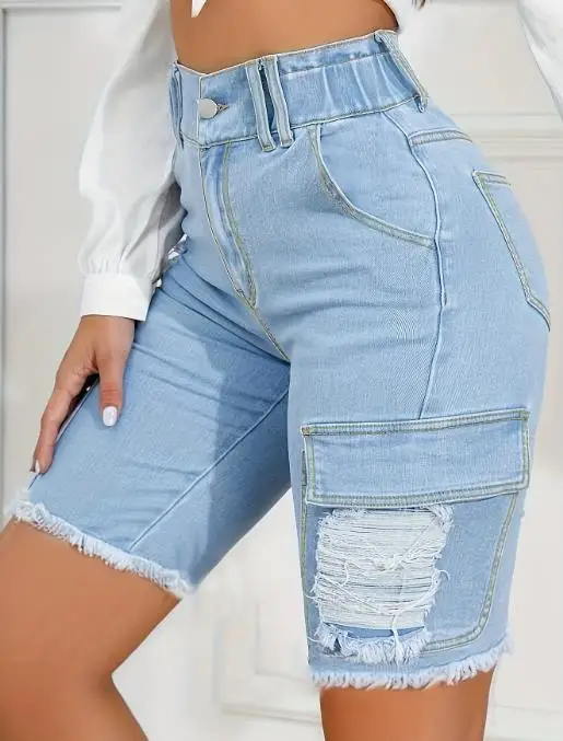 

Trendy Denim Short 2025 Spring Summer New Solid Color Frayed Edges High Waist Pocket Design Streetwear Versatile Denim Shorts