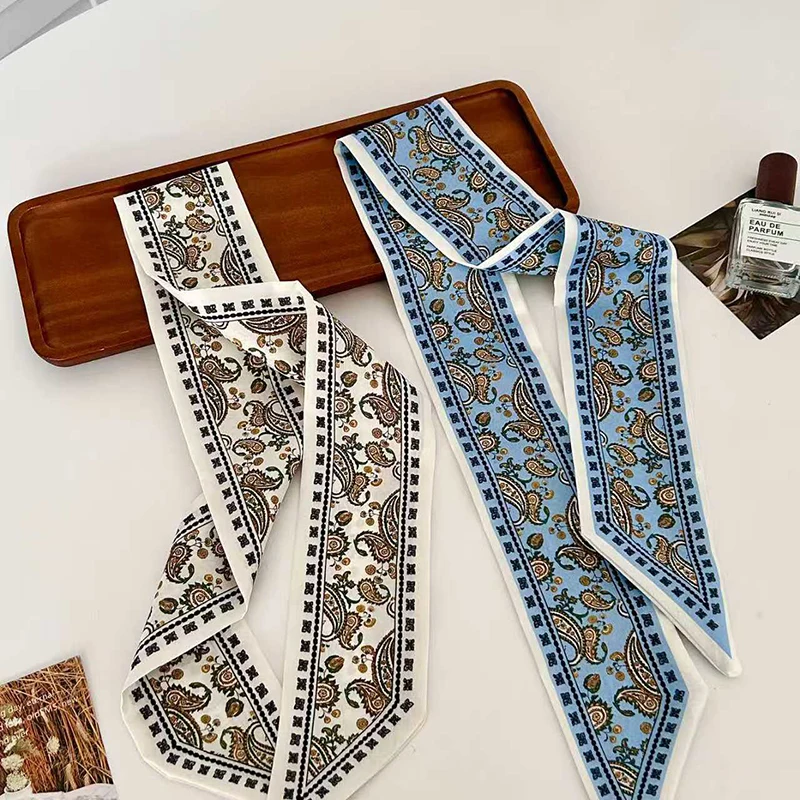 Woman Skinny Silk Scarf Long Hair Strip Silk Ribbon Small Neck Scarves Paisley Bag Handle Ribbon Kerchief Lady Tie 90Cm*6Cm image 3