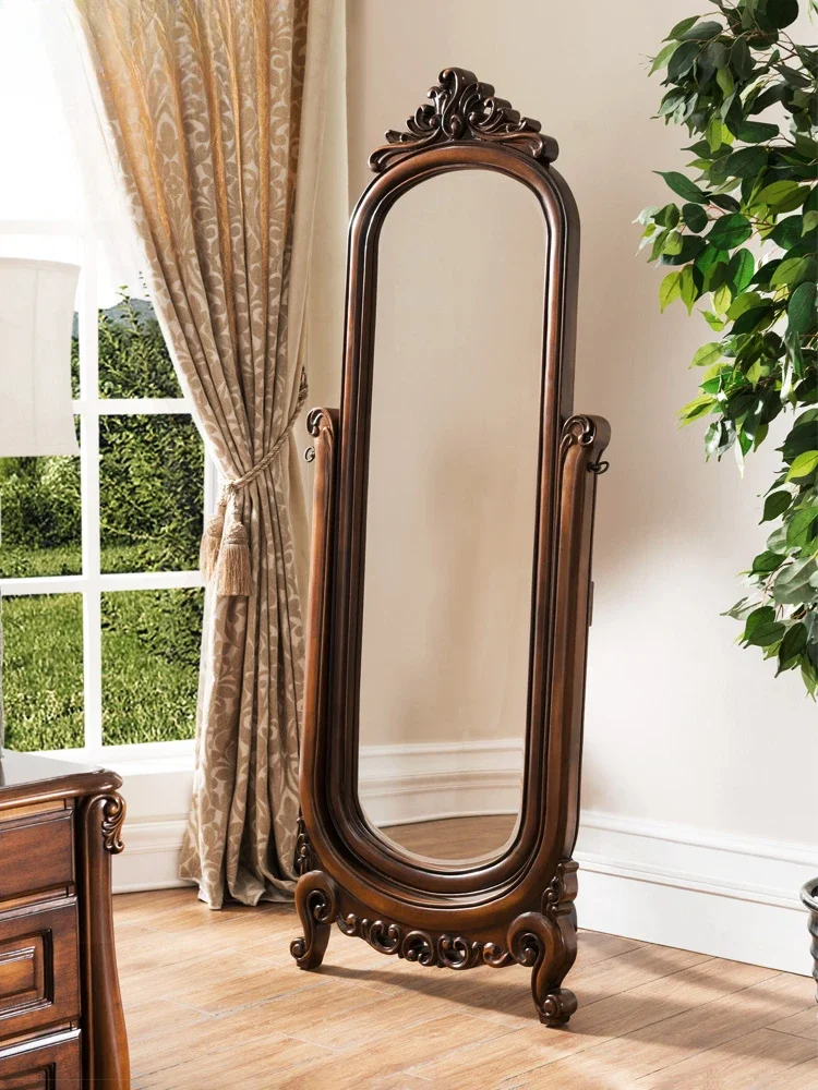 Solid Wood Dressing Mirror Vertical Full Body Floor Mirror Household Rotating Changing Mirror