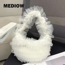 MEDIOW Korean Half Moon Bag For Women Luxury Designer Handbag Purses 2024 New In Polyester Lace Ruffles Underarm Cloth Shoulder