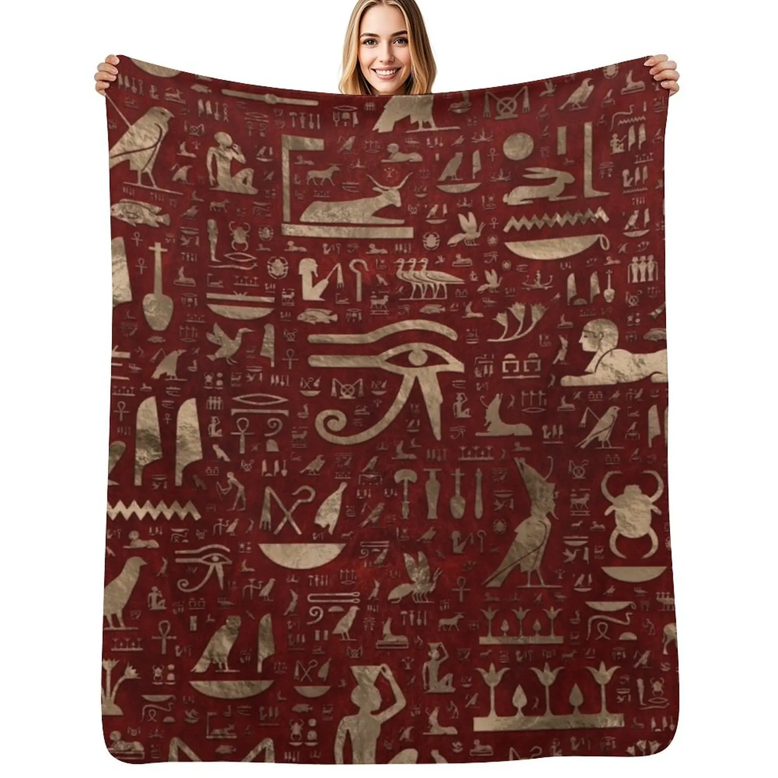 

Ancient Egyptian hieroglyphs - Red Leather and gold Throw Blanket Multi-Purpose Baby blankets ands Quilt Blanket