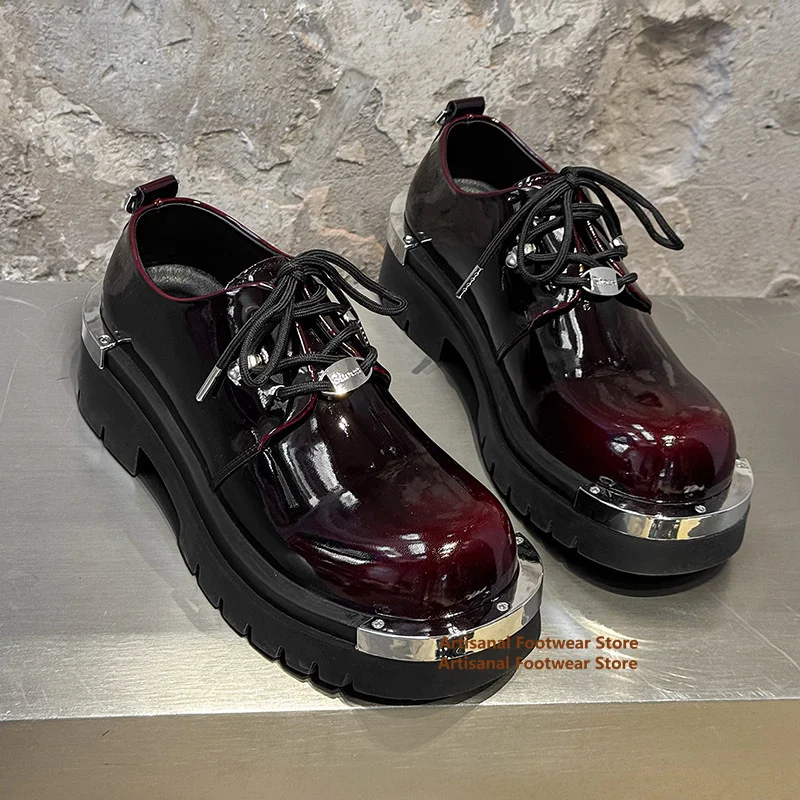 Glossy Patent Leather Platform Derby Shoes Metallic Toe Lace -Up Thick Sole Casual Shoes Punk Gothic Platform Shoes Men's Shoes