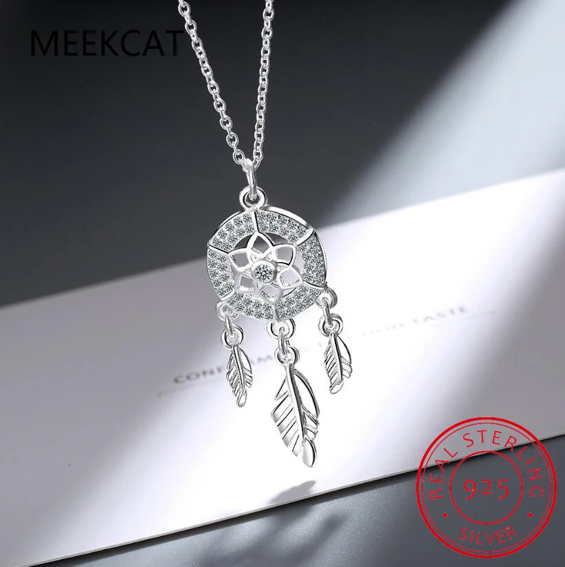 S925 Sterling Silver Dream Catcher Necklace For Women Simple Carved Zircon Clavicle Pendant Necklace Holiday Jewelry Gift