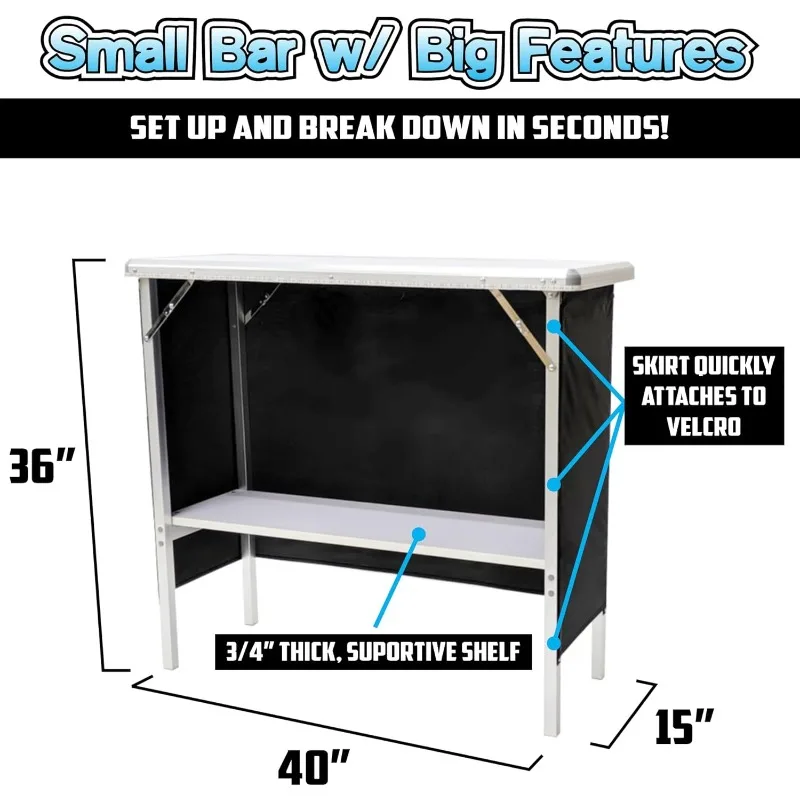 Christmas.Folding Portable Bar w/LED Lights, Wireless Remote, 2 Bar Skirts, Storage Shelf, & Carrying Case - Triple (White)