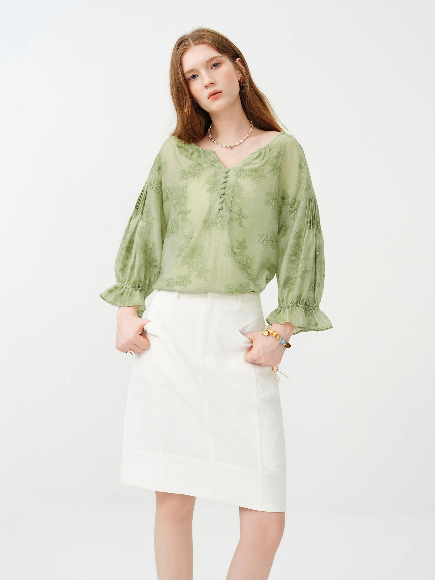 FSLE 2026 Summer Women's Relaxed Fit Tencel Blouse, Lightweight Sheer Embroidered Vacation Top for Breathable Resort Style Top - view 4
