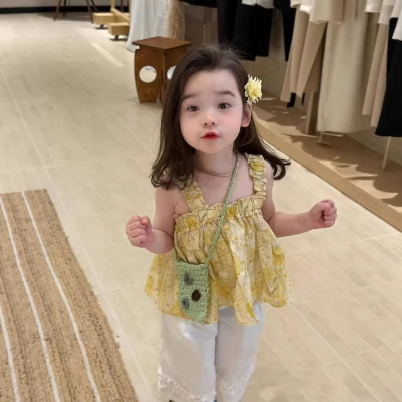 2026 Summer New Hot Selling Cotton Camisole Floral Vest and Solid Color Loose Cropped Pants Two-piece Set