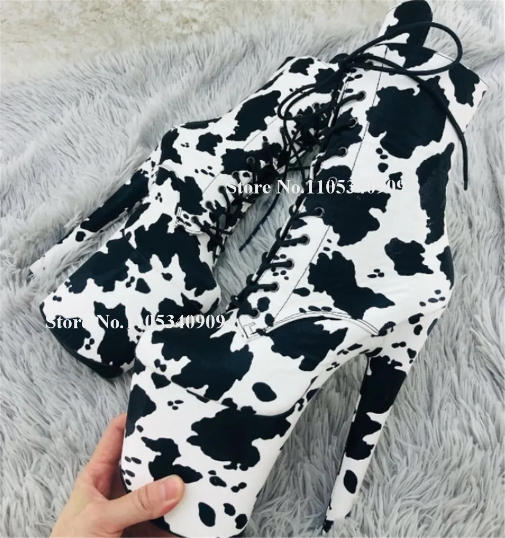 Bondarenko Fashion Zebra Pattern Suede Stiletto Heel Short Boots Round Toe Lace-up High Platform 20cm Thin Heel Dance Shoes