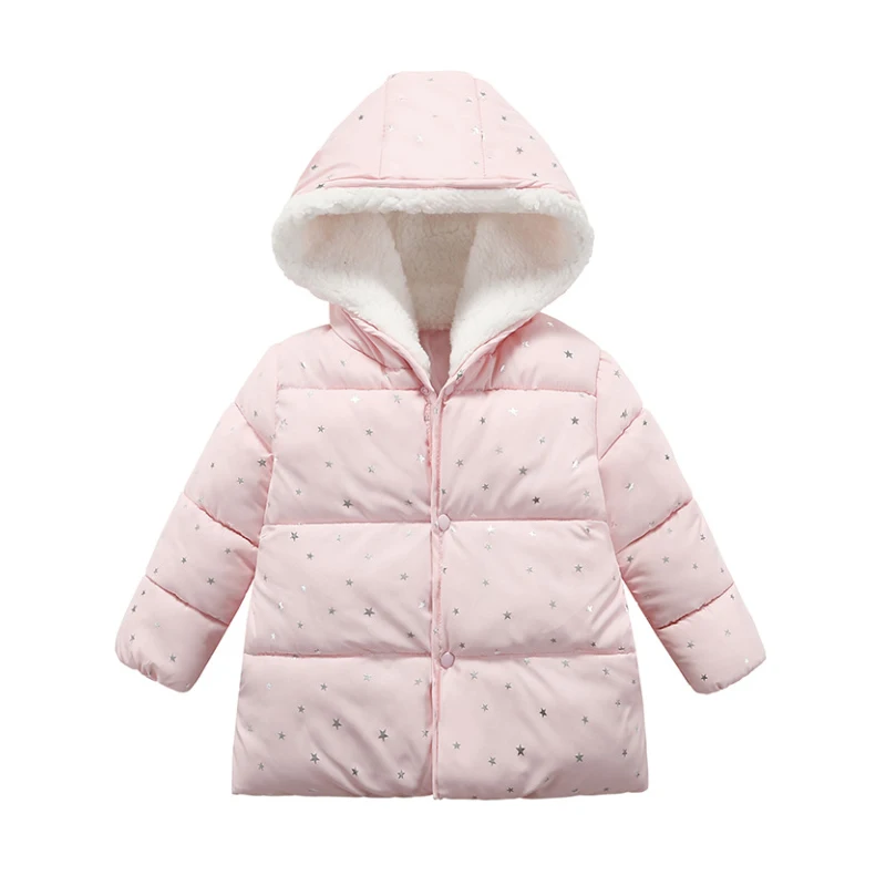 Winter jacket girl clothes satin star floral thickened warm hooded add velvet 1-4 year old baby high-quality children's clothing