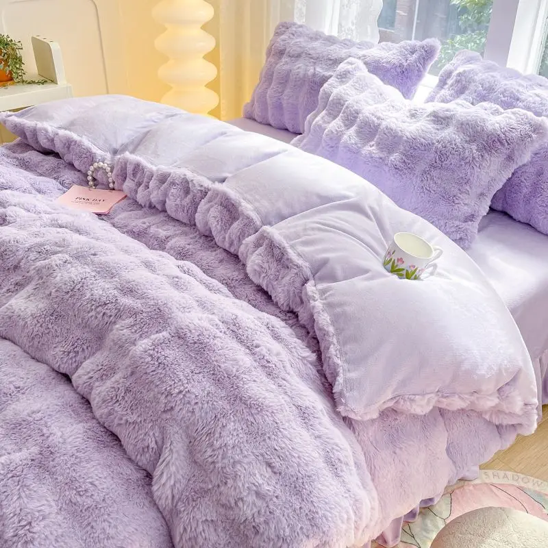 Bed Skirt Quilt Cover Winter Flannel Double-sided Fleece Bedding Set Thickened High-end Milk Fleece Four-piece Set Rabbit Fleece