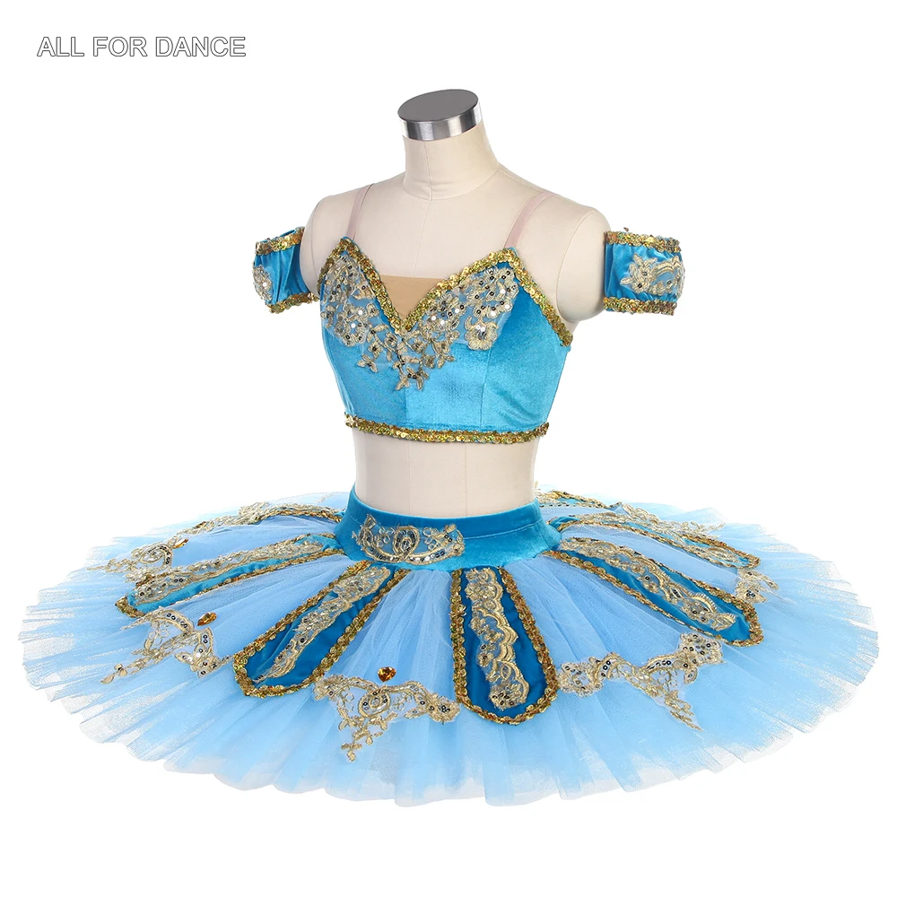 BLL479 Blue Velvet Bra Top with Seperated Pancake Tutu Skirt  Pre-Professional Ballet Dance Tutu Costume for Gilrs & Adult