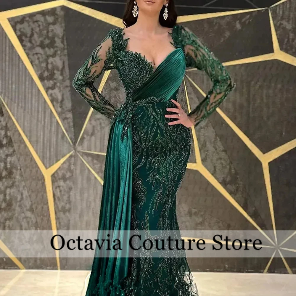Evening Dresses for Elegant Beautiful luxury 2024 lace Emerald Green Trumpet Long Sleeves Draped Party Dresses Customized