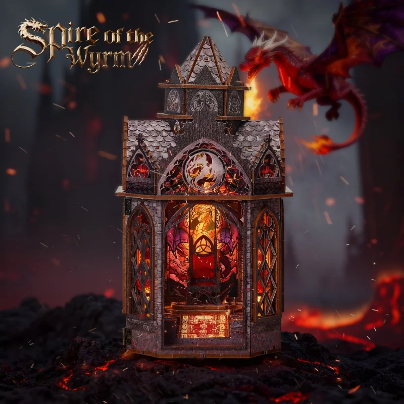 DIY-Buchecke aus Holz, Miniatur-Modellbausätze, Spire of The Wyrm, Buchstütze, 3D-Puzzle mit LED-Licht für Freunde, Geburtstagsgeschenke