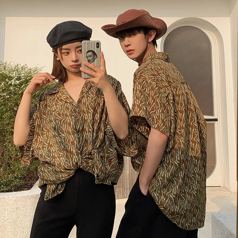 

Men's Summer Thin Breathable Ice Silk Short Sleeve Shirt Jacket Beach Style Retro Couple's Outfit Loose Fit Youth Trend
