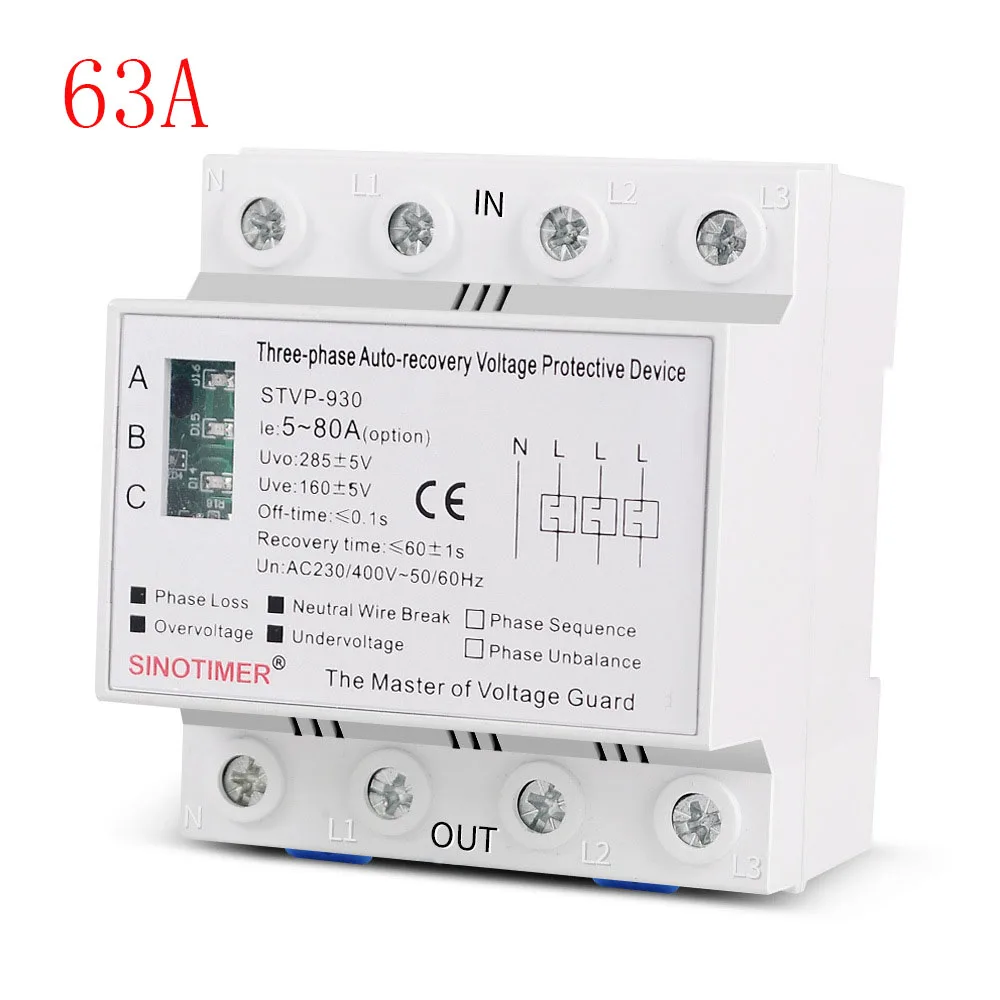 

3 Phase 4 Wire Auto-recovery Protective Device Self Reconnect Surge Voltage Protector DIN Rail Mounted STVP-930 63A 80A