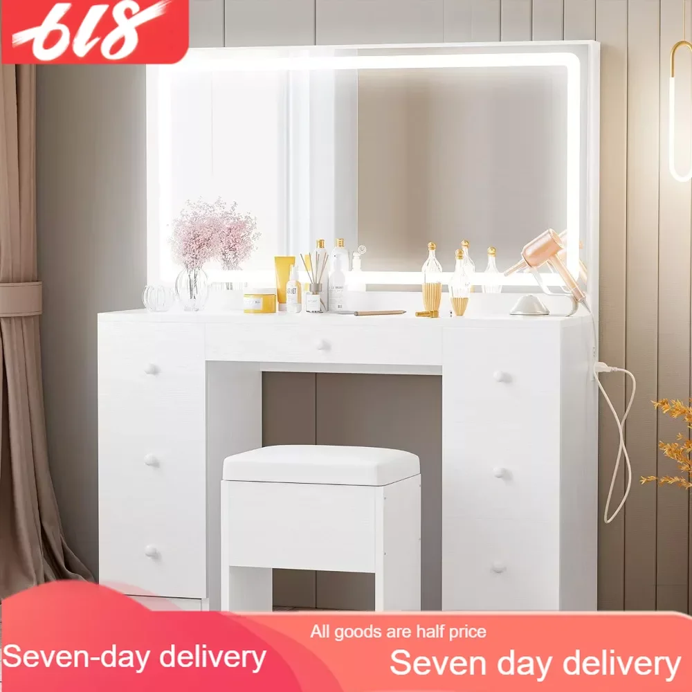 

Vanity Desk Set with LED Lighted Mirror & Power Outlet, 7 Drawers Makeup Vanities Dressing Table with Stool, for Bedroom, White