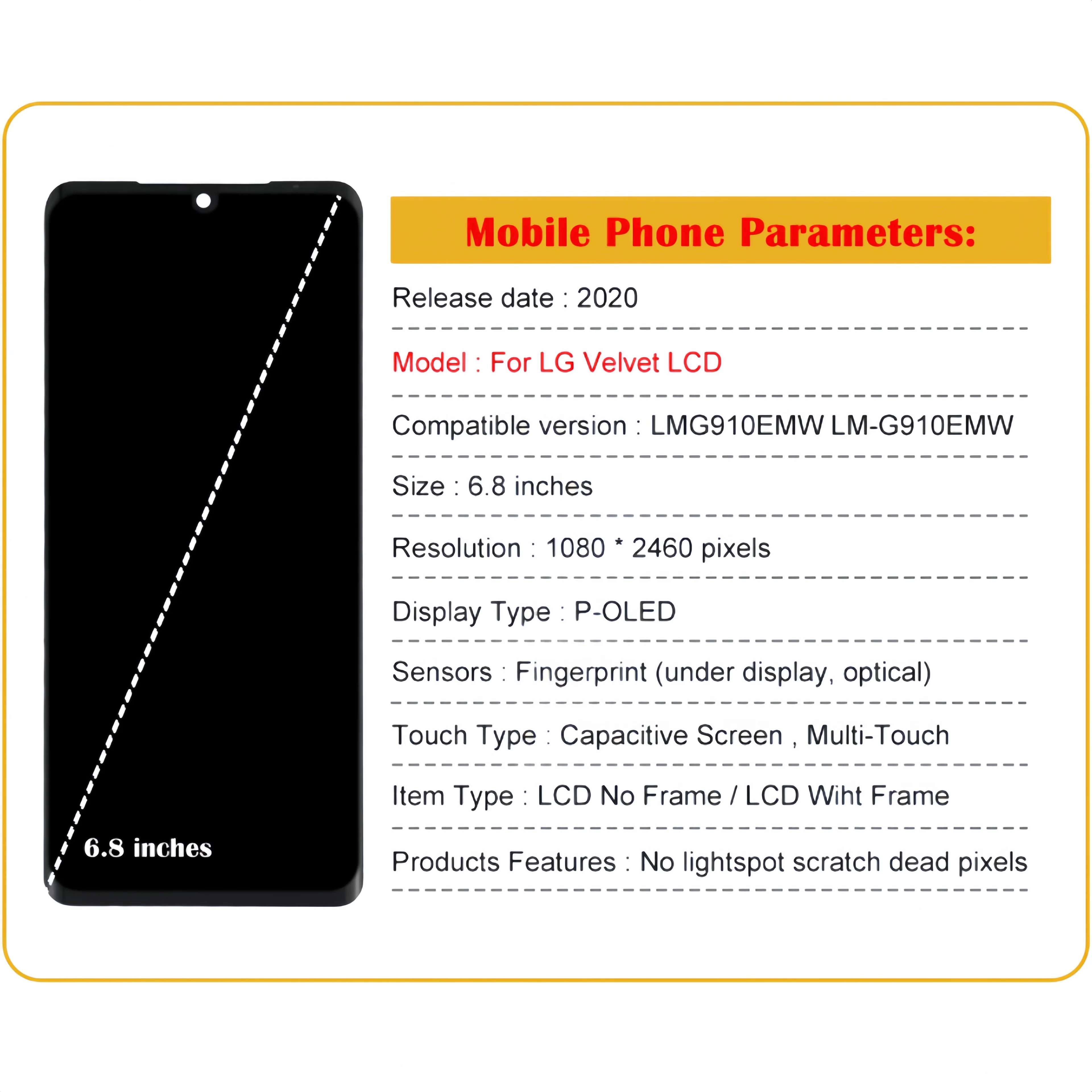 LCD Display Touch Screen Digitizer Assembly Replacement, LG Velvet, LMG910EMW, LM-G910EMW