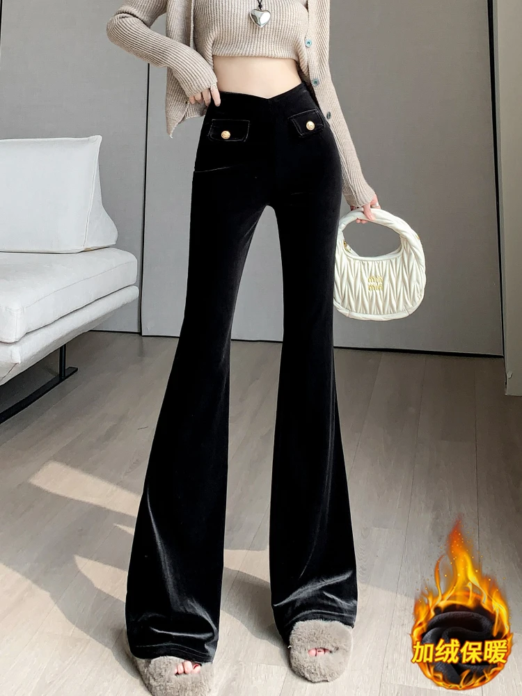 

Осень-зима 2022, новые утепленные бархатные повседневные брюки с высокой талией, женские черные, золотые бархатные широкие брюки-клеш