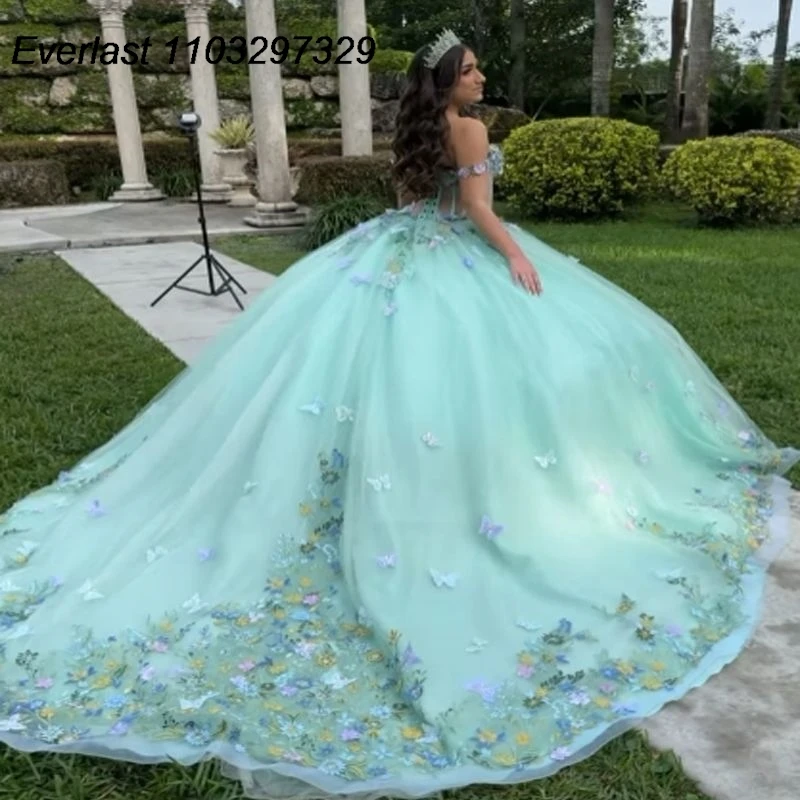 EVLAST Customized Mint Quinceanera Dress Ball Gown 3D Butterfly Applique Beaded Corset Mexico Sweet 16 Vestido De 15 Anos TQD546