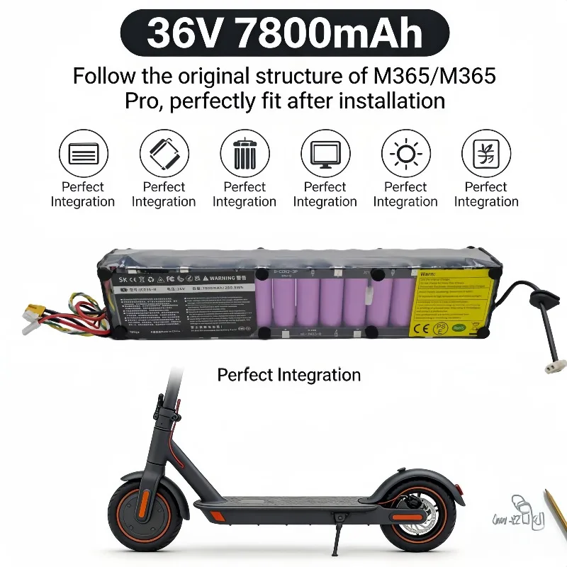 High specification 36V 7800mAh battery cell, compatible with M365/M365 Pro, dual online power and endurance