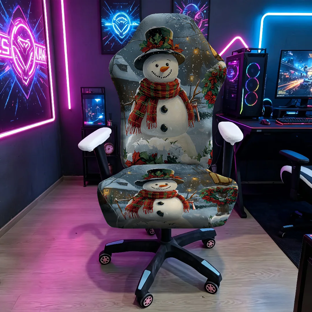 E-sports Chair Cover, Christmas Snowman Scarf Hat Print Stretch Slipcover, Oil Painting Winter Holiday Anti-Scratch Protector