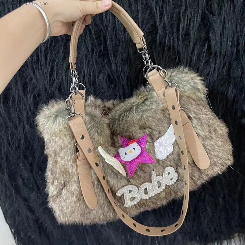 Sanrio Hello Kitty nowe luksusowe torby z imitacji futra damskie modne ramię torba Crossbody milenium pikantna dziewczyna Y2K torebka