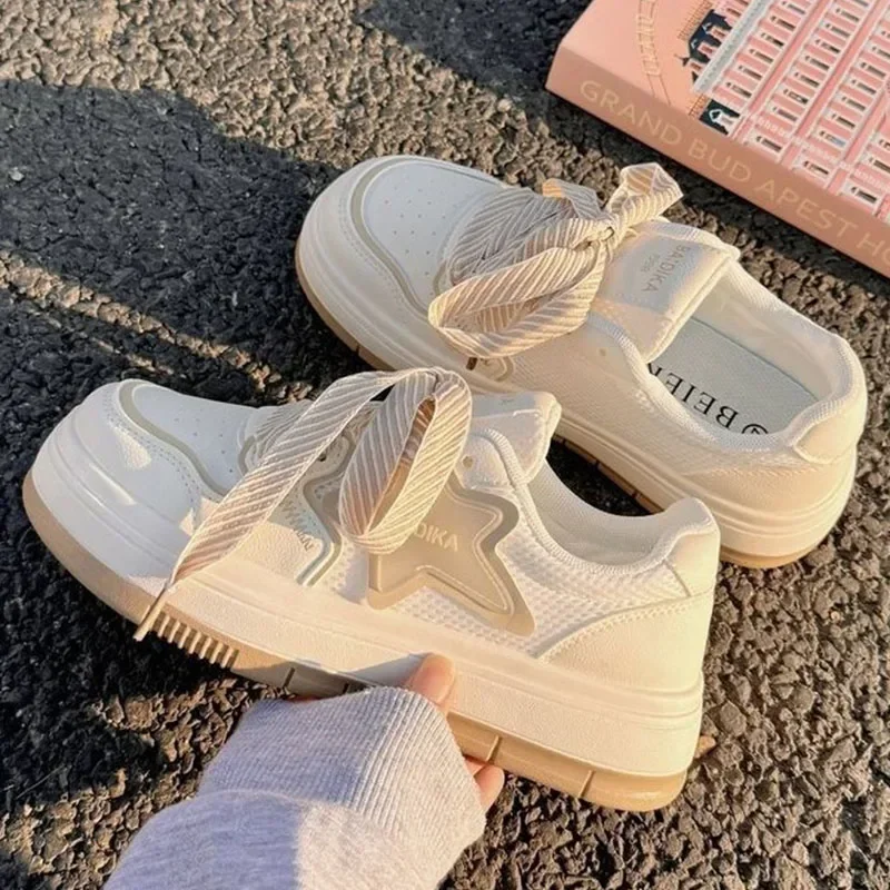 SyfIyno New Beige Cute Girls Students Casual Chunky Shoes Women White Sneakers Tennis Female Platform Skateboard Shoes Low Top