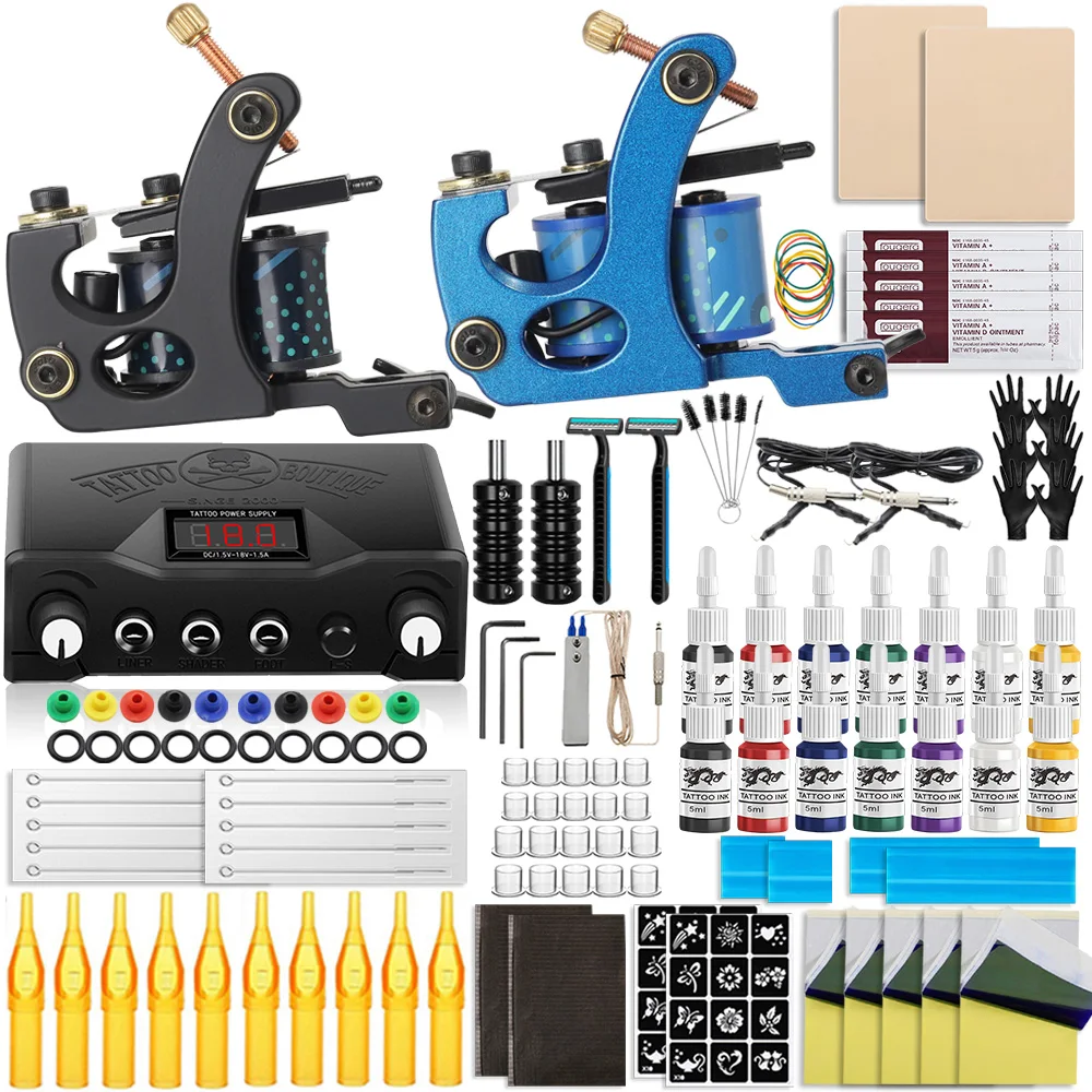 

Coil Tattoo Machine Kit with Tattoo Power Supply Grips Needles Permanent Beauty Makeup Body Art Tools for Tattoo Beginners Sets