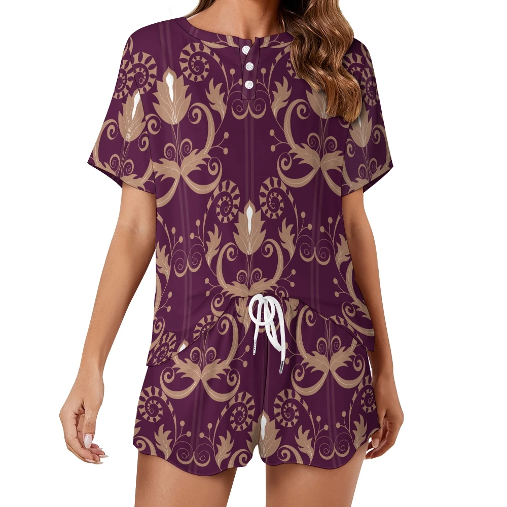 Ropa de dormir de manga corta con botones para mujer, conjunto de ropa de dormir con estampado de Damasco, traje de casa de verano, 2 piezas