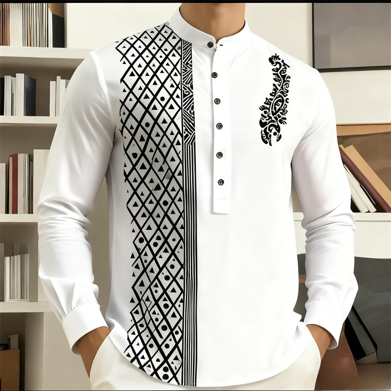 

2026 New Men's Ethnic Totem Shirt | Long Sleeve Mandarin Collar | Black White Geometric Pattern | Slim Fit Business Casual Shirt