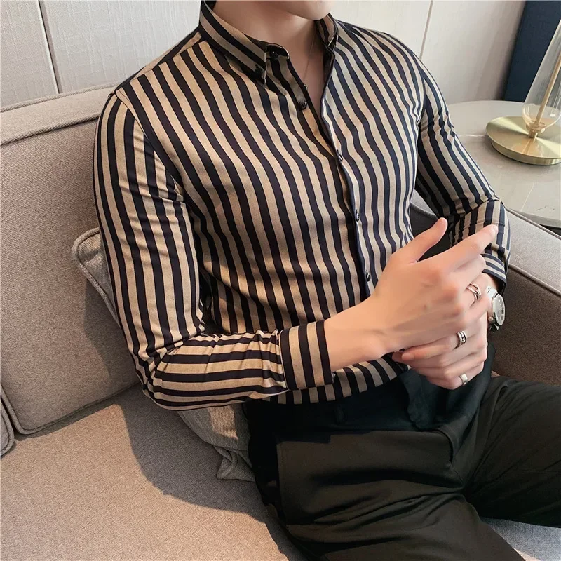 2023 Masculina Spring Shirts Men Dress Vertical Stripe Streetwear Slim Men Shirt Casual Long Sleeve Chemise Homme Tuxedo Shirt