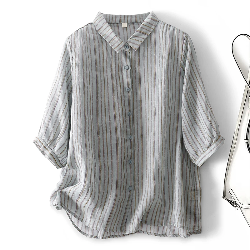 

Летний легкий дышащий льняной топ в полоску ort Sve, женский повседневный свободный утягивающий свободный топ, моющийся семи футов irt