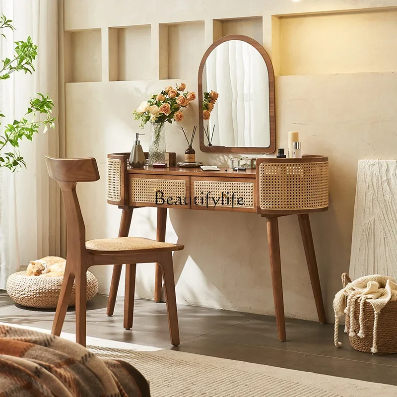 Japanese rattan dresser Nordic solid wood makeup table modern simple small apartment