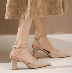 Sandals for Woman Pointed Toe Chunky Footwear Closed Thick Heel Summer 2025 Block High Heels Heeled Pumps Women's Shoes Korea