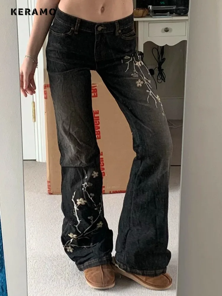 Weekeep Floral Embroidery Jeans Vintage 2000s Low Rise Flared Jeans Women Retro… - Image 2