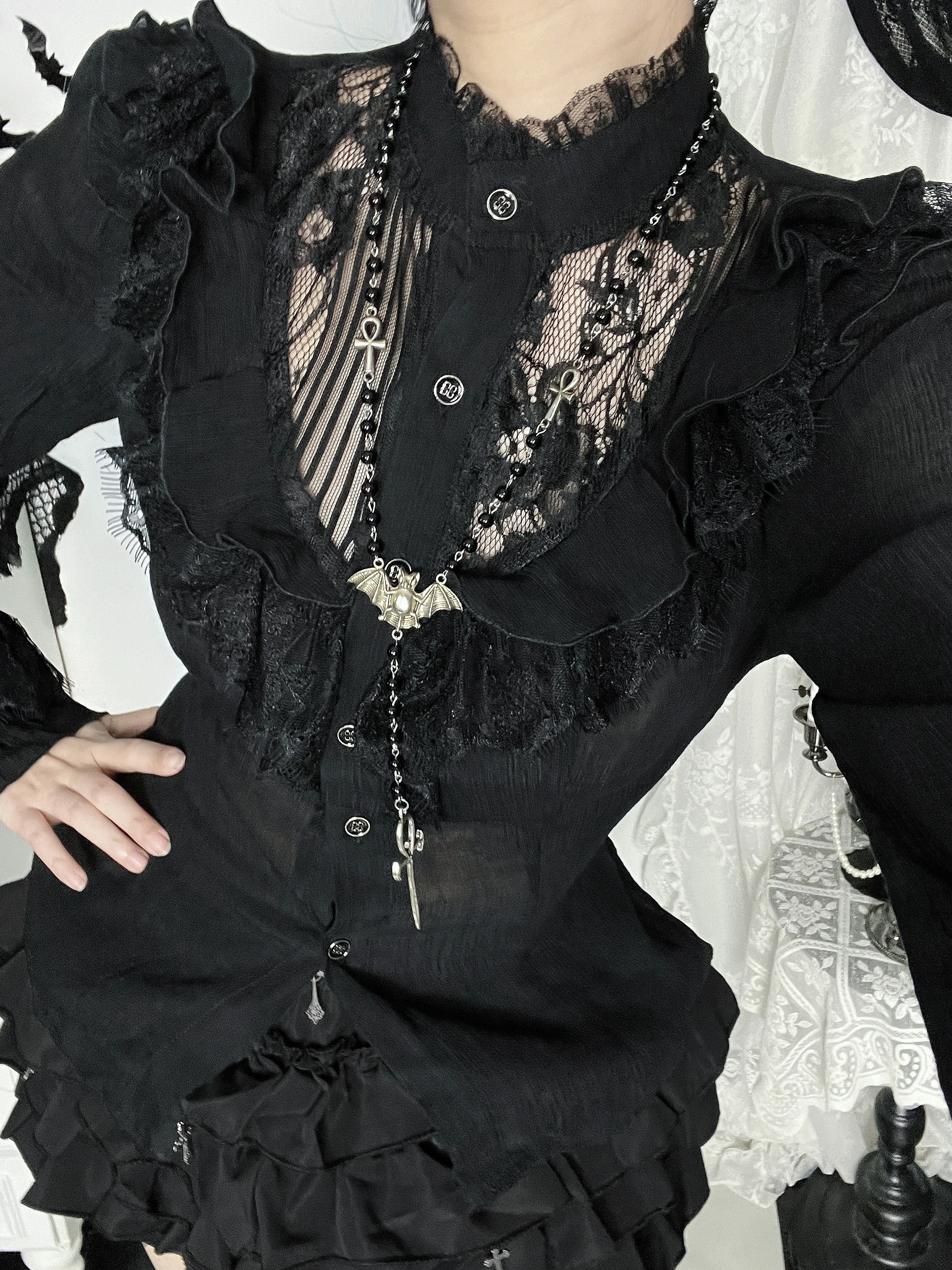 Wannathis Gothic Dark Style Long Sleeve Spicy Girl Outfit Outdoor Street Snap Set Cosplay Costume Lightweight Autumn Shirt fo...