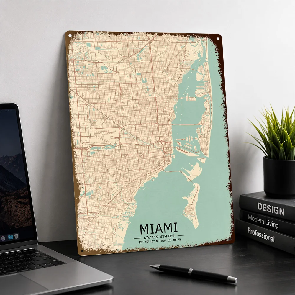 Miami Map Textured Poster Customized Metal Tin Sign Vintage Geographic Linework Wall Art Perfect For Entryways Or Home Offices